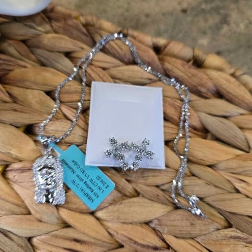 925 Sterling Silver Moissanite Pendant 16" Necklace and Cross Earrings Set